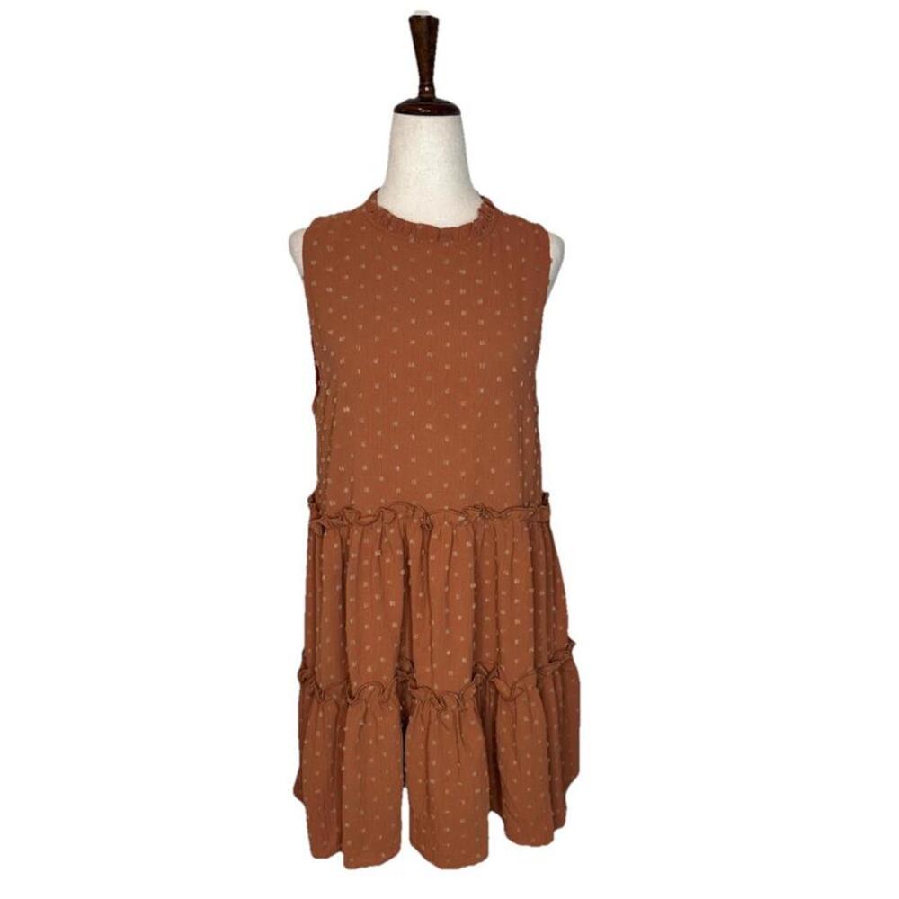Storia Babydoll Dress S Sleeveless Mock Neck Tiered Mini Dress Swiss Dot Orange - Picture 2 of 7